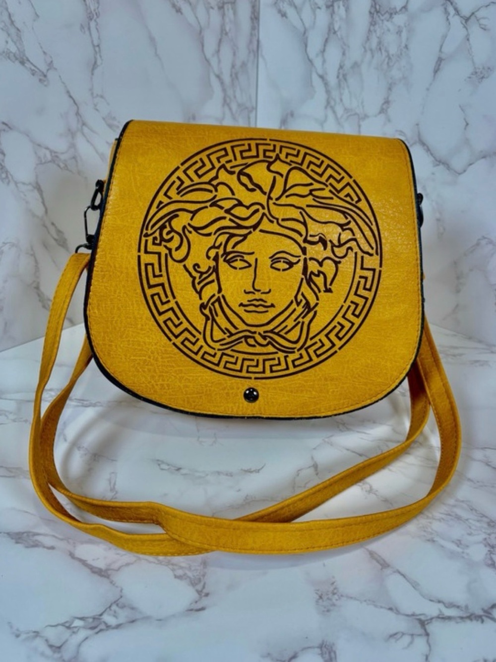 A-1CS-4D: PURSE: Gold/Mustard w/Black Detailing & Crossbody Strap, EUC - Picture 7 of 11
